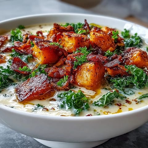 Creamy sweet potato chowder with crispy pancetta and tender kale, a hearty soup for cool days.