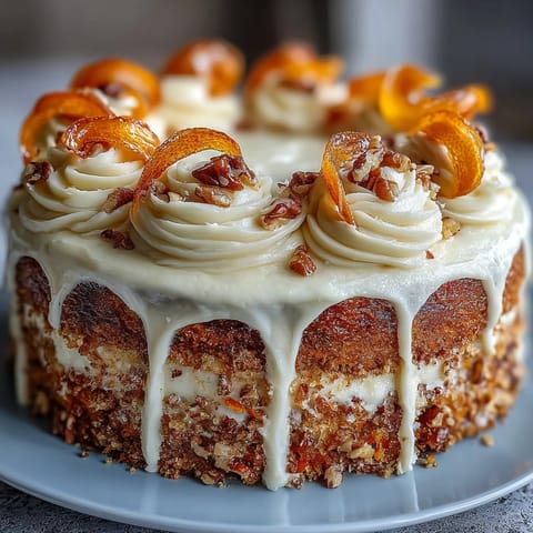Classic Easter Carrot Cake with cream cheese frosting and candied carrot curls on a white cake stand.