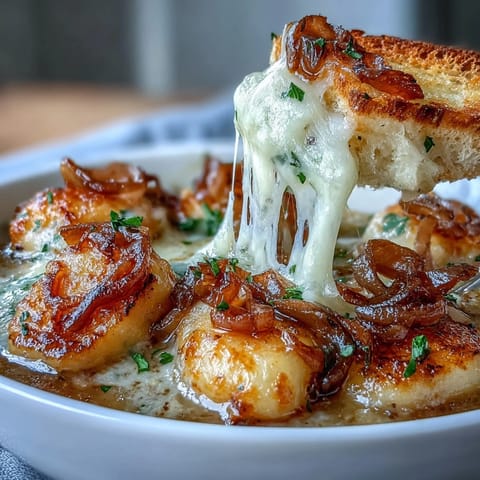 Cozy bowl of Gnocchi French Onion Soup with golden, bubbling Gruyère cheese and toasted baguette slices.  