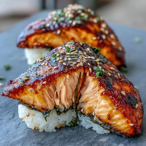 Grilled salmon onigiri with crispy rice and tender fish filling, perfect for a savory snack or light meal.
