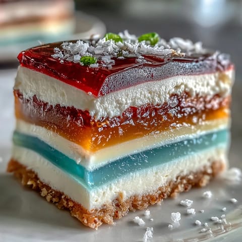 Vibrant Rainbow Jelly Cake with creamy coconut topping, visually stunning dessert.