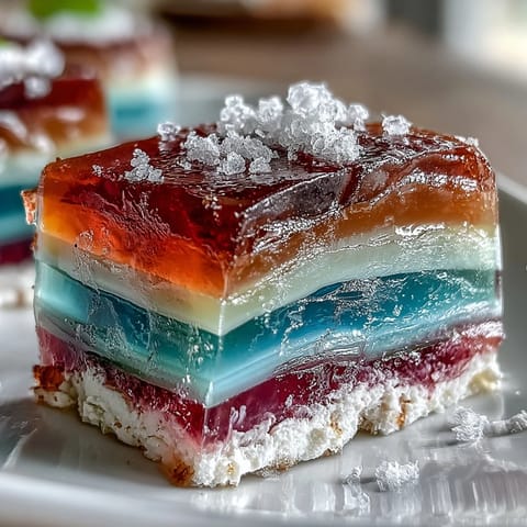 Beautifully layered Rainbow Jelly Cake, a refreshing dairy-free treat perfect for parties.