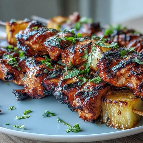 Perfectly charred al pastor skewers with pineapple, ready to be enjoyed with fresh cilantro.