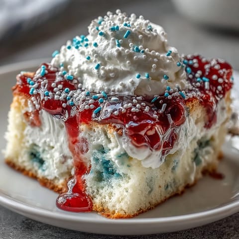 Festive Memorial Day Red White Blue Poke Cake with creamy topping and patriotic sprinkles.