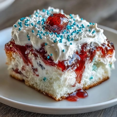 Red White Blue Poke Cake swirls of vibrant gelatin in a delightful white dessert.