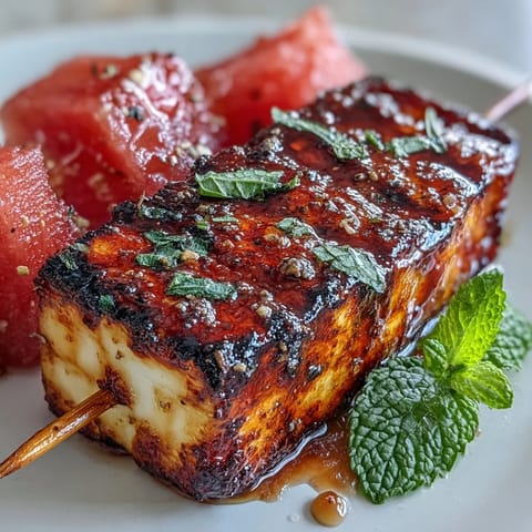 Grilled halloumi skewers with watermelon and mint, a vibrant, juicy summer appetizer.