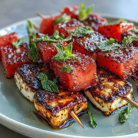 Juicy watermelon and salty halloumi skewers on the grill, topped with mint.