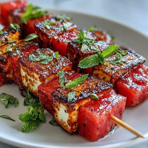 Grilled halloumi and watermelon skewers with mint, showcasing charred cubes.