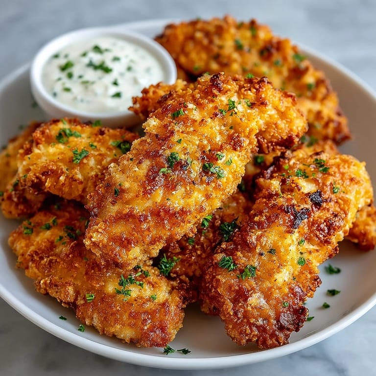 Up close, the flaky texture of hot and delicious Buttermilk Fried Chicken Tenders.