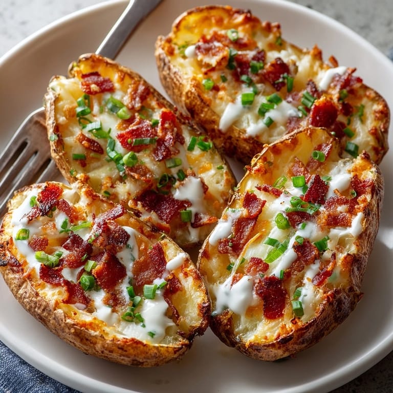 Loaded cheddar bacon ranch potato skins, fresh from the oven, perfect for sharing.