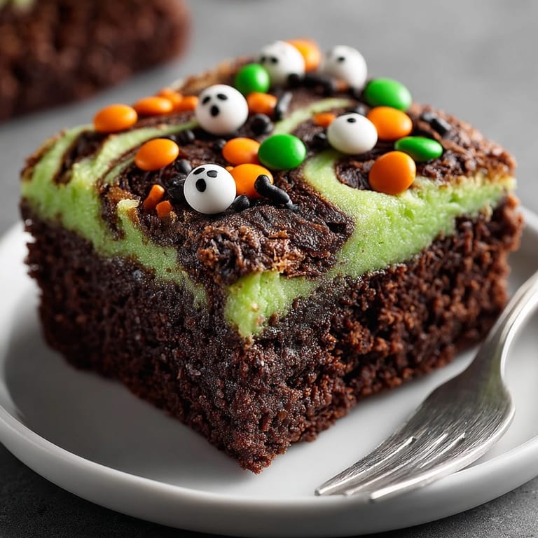 Homemade Witches&amp;rsquo; Brew Swirl Brownies: rich, chewy, and festive Halloween dessert, ready to serve.