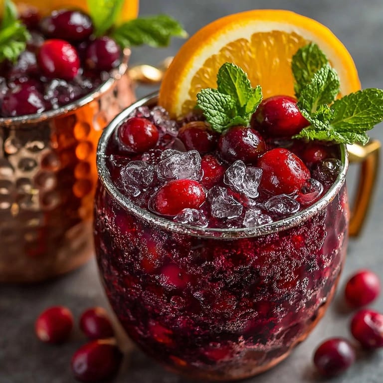 Festive Cranberry Orange Moscow Mule Mocktail: Cold ginger beer, vibrant fruit, and fresh mint.