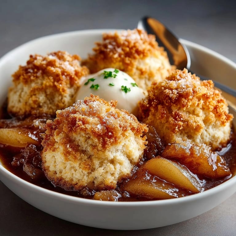 Homemade Spiced Pear Cobbler, topped with aromatic Ginger Biscuits, a comforting autumn dessert.