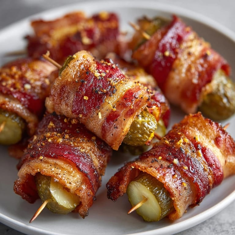 Close-up of warm bacon-wrapped pickles, showcasing the contrast of crunchy pickles and smoky bacon.
