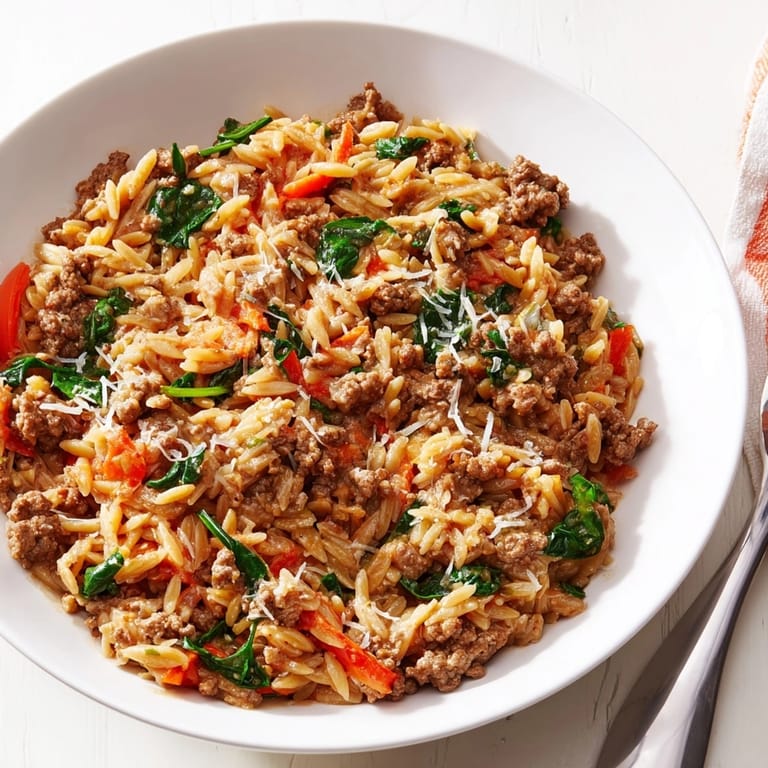Golden One-Pot Creamy Beef Orzo bubbling in a skillet, ready to serve.