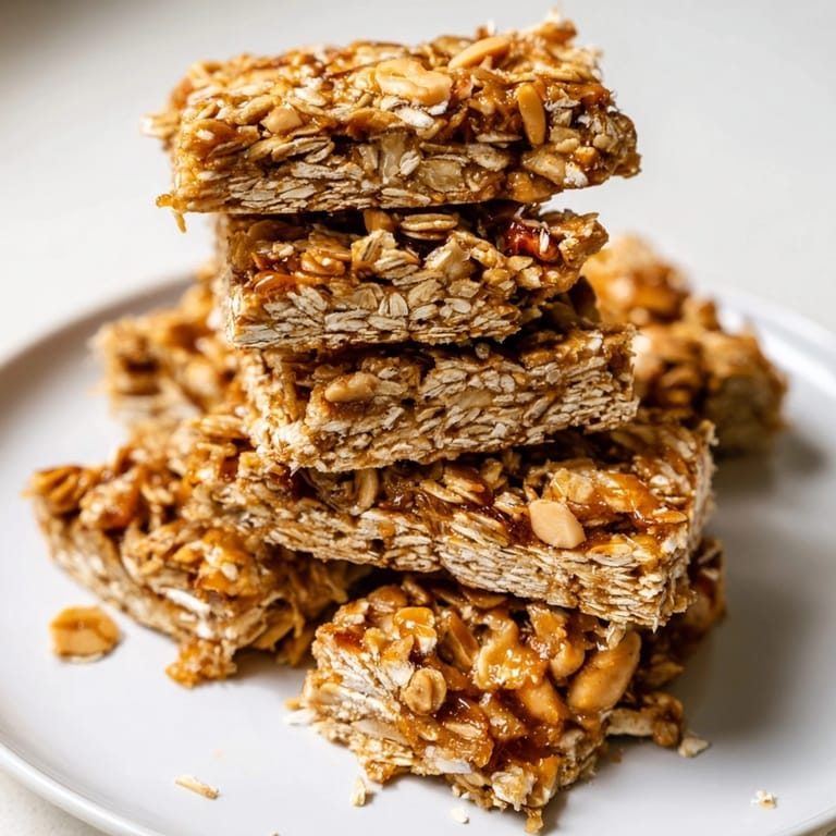 Wholesome baked Peanut Butter Flax Granola Squares, a healthy snack with oats and nuts.
