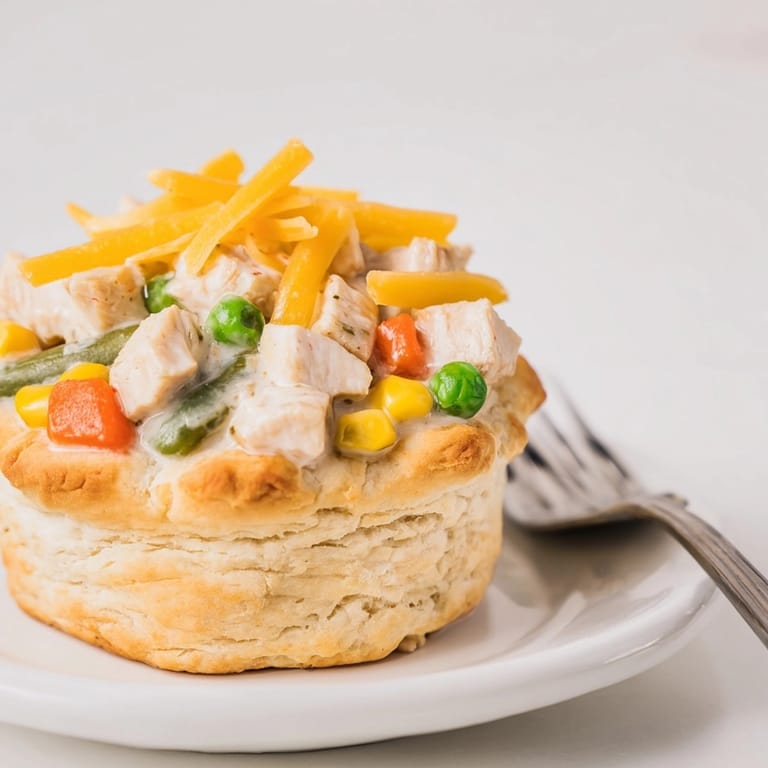 Creamy Cajun Chicken Ranch Pot Pie Cups, biscuit crust, with tempting melted cheese.