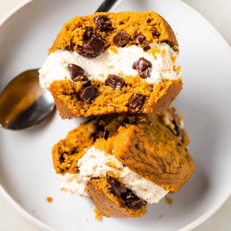 Decadent ice cream sandwiched between soft pumpkin chocolate muffins makes a perfect treat.
