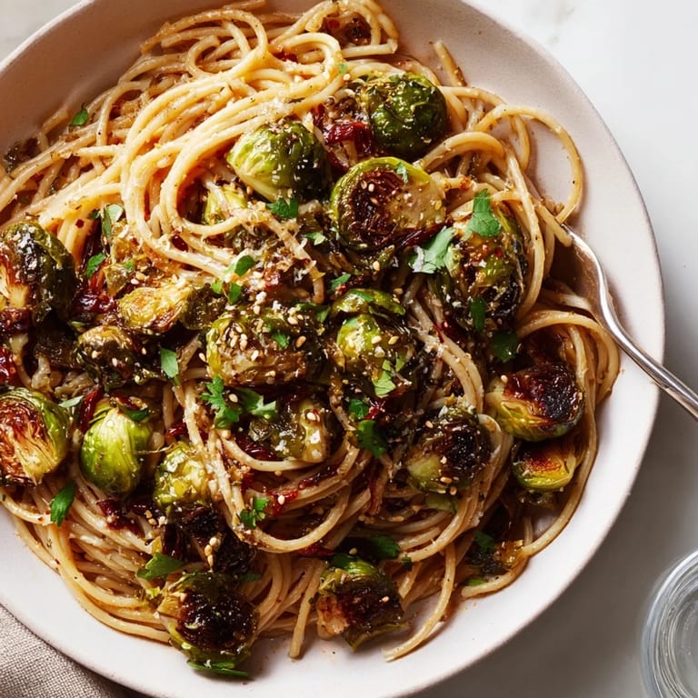 Vibrant bowl of maple-soy roasted Brussels sprouts pasta, showcasing caramelized veggies.  