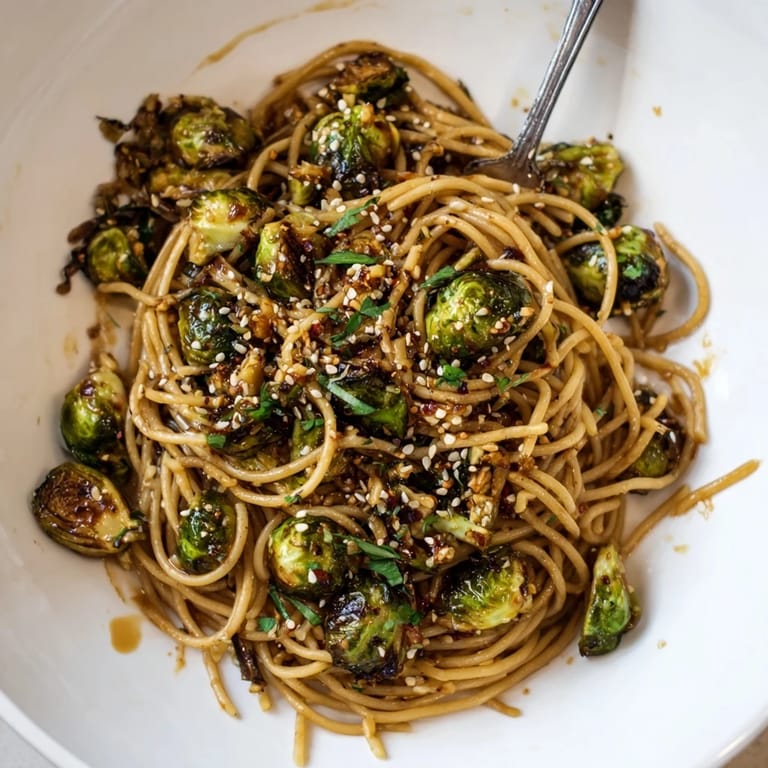 Delicious maple-soy roasted Brussels sprouts pasta topped with fresh herbs and sesame seeds.