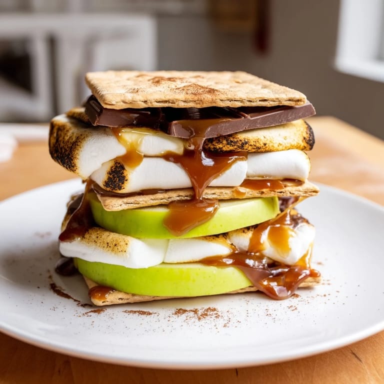 Decadent Caramel Apple S’mores Stack drizzled with warm caramel and fresh apple slices.  