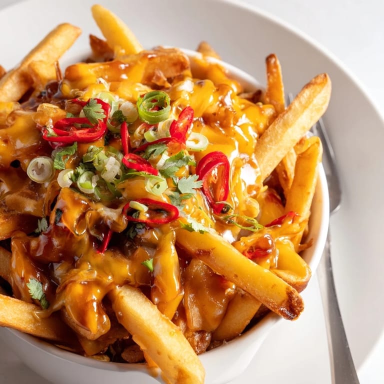 Crispy fries drenched in spicy-sweet honey Sriracha sauce and vibrant toppings.  