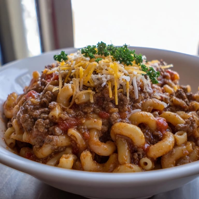 Vibrant bowl of Grandma’s Goulash, rich sauce surrounding tender elbow macaroni.  