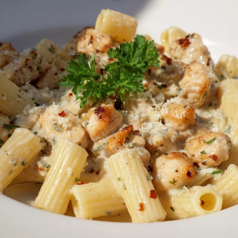 Deliciously rich Garlic Butter Chicken with Rigatoni, topped with fresh parsley and cheese.  