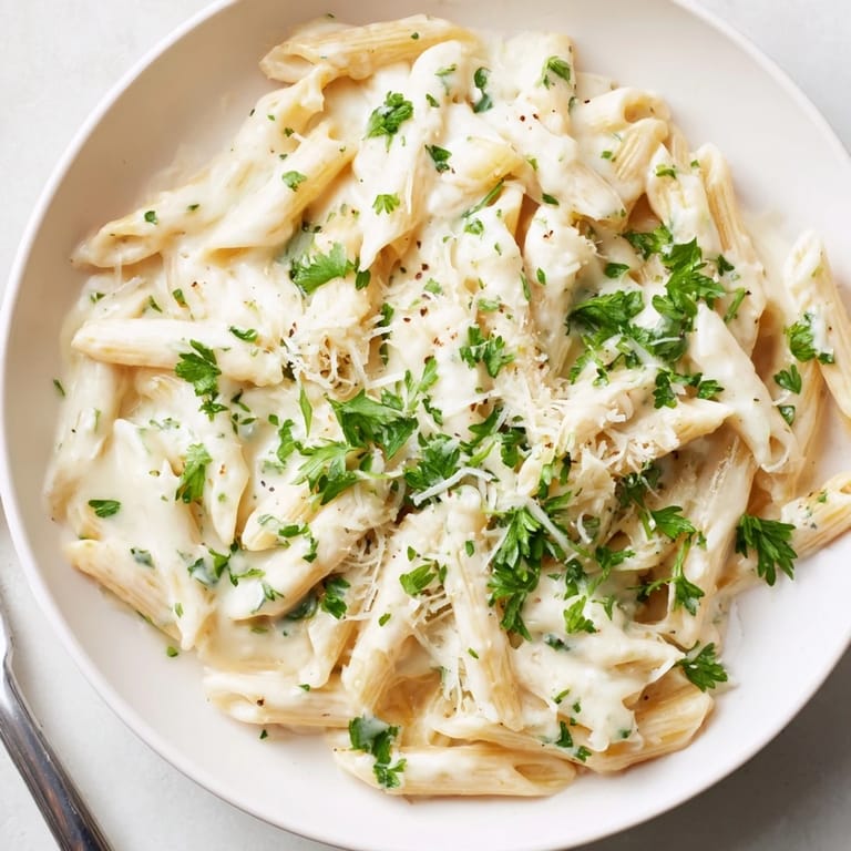 Savory Creamy Garlic Penne Pasta garnished with Parmesan, ideal for comforting weeknight dinners.
