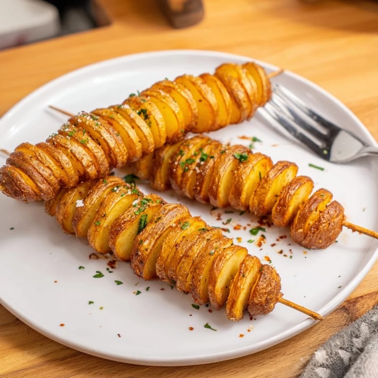 Delicious air-fried tornado potatoes, perfectly crispy, served as a fun snack.