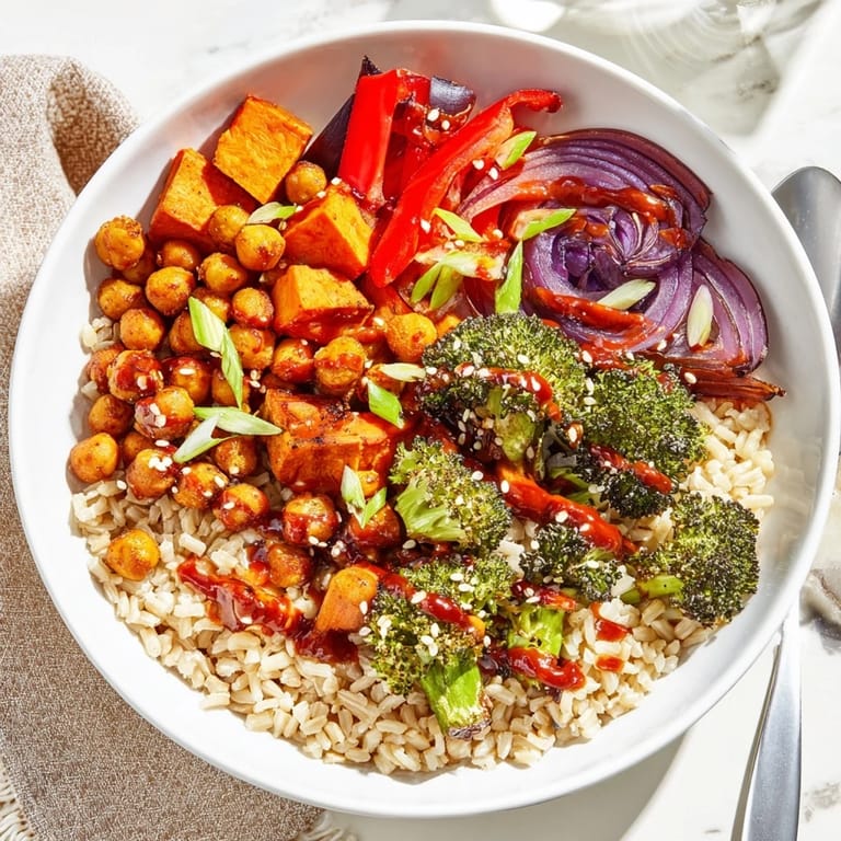 Colorful grain bowls with creamy miso-butter and spicy gochujang sauces for flavor.  