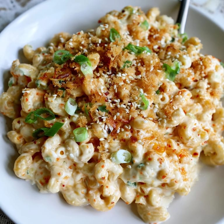 Indulge in Spicy Kimchi Mac & Cheese, a fusion of flavors and textures in every bite.  