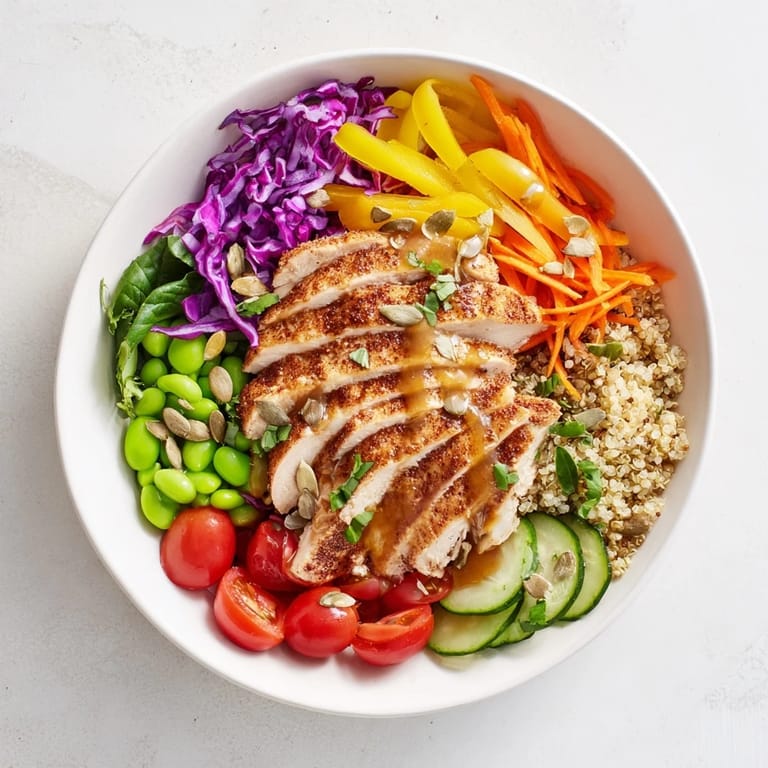 Colorful healthy meal-prep bowls topped with a bright dressing and pumpkin seeds.