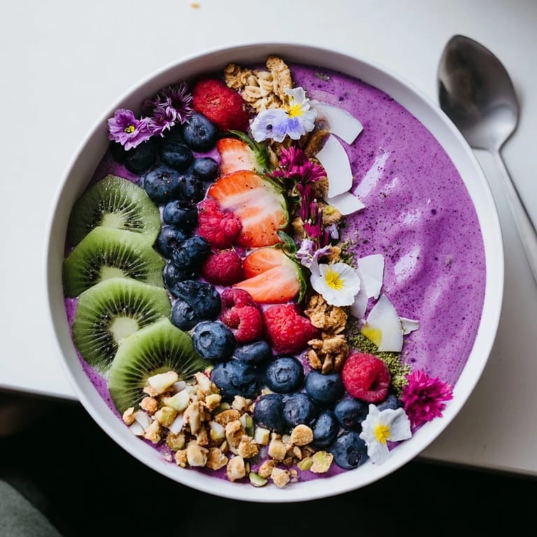 Delicious Vibrant Smoothie Bowls featuring creamy purple yam and pistachio flavors.