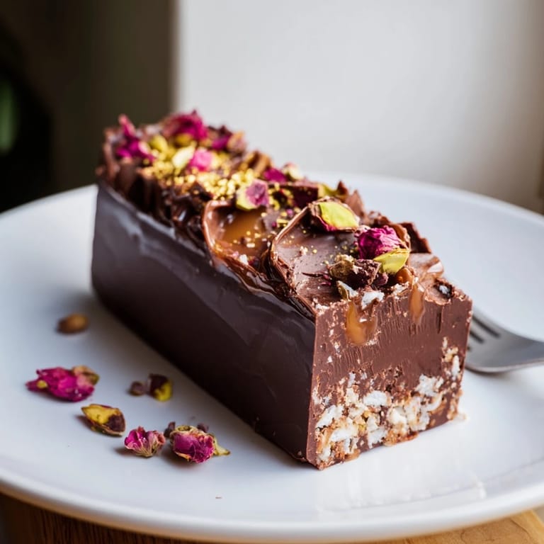 Luxurious chocolate bar inspired creations topped with vibrant rose petals and gold leaf.  