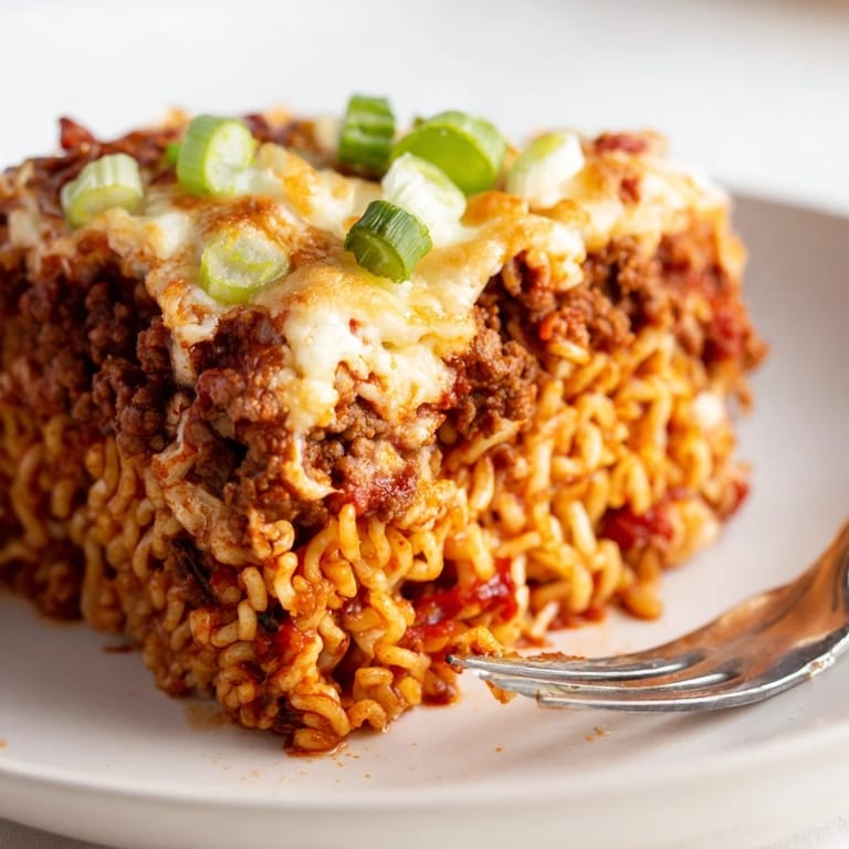 Mouthwatering Spicy Ramen Lasagna, featuring ramen noodles, rich tomato sauce, and savory cheese.  