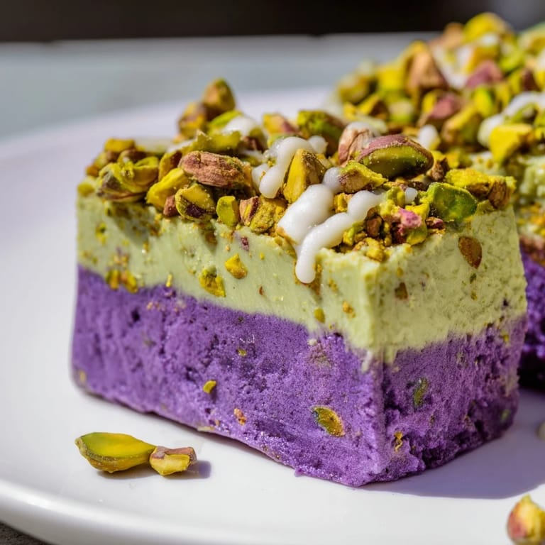 Delicious layers of ube and pistachio ice cream bars, showcasing rich colors and flavors.