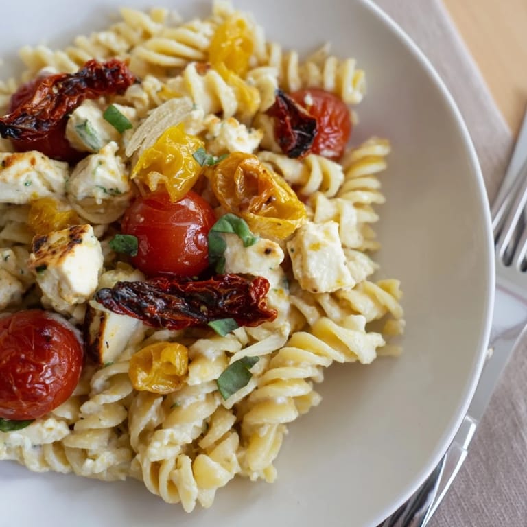 Savory Baked Feta Pasta, featuring caramelized onions and vibrant cherry tomatoes.