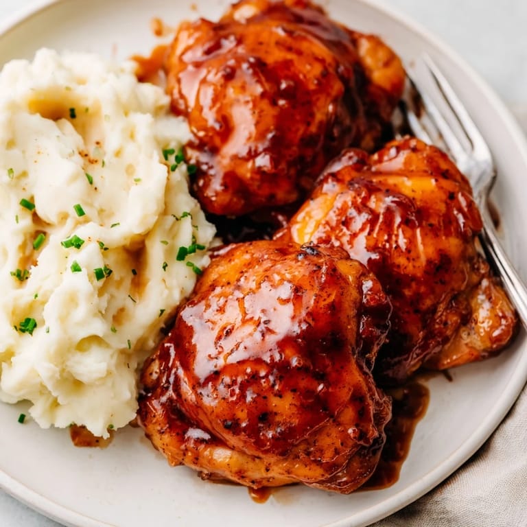 Delicious, glazed honey BBQ chicken thighs with fluffy garlic mashed potatoes in a cozy setting.  