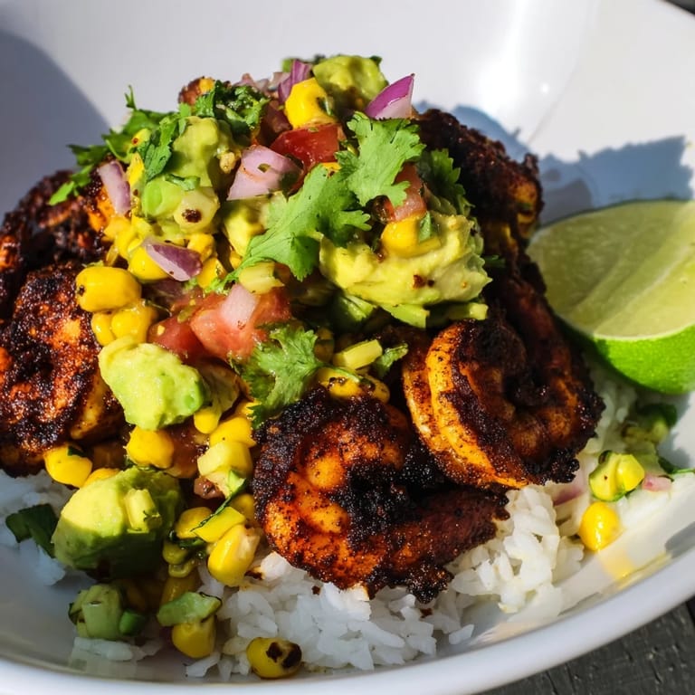 Vibrant blackened shrimp bowl with creamy avocado corn salsa and lime wedges.  