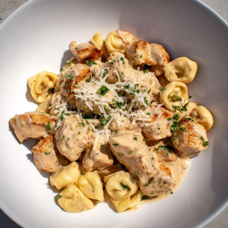 A pan filled with Zesty Cajun Garlic Parmesan Chicken Tortellini, showcasing the creamy, cheesy sauce over pasta.
