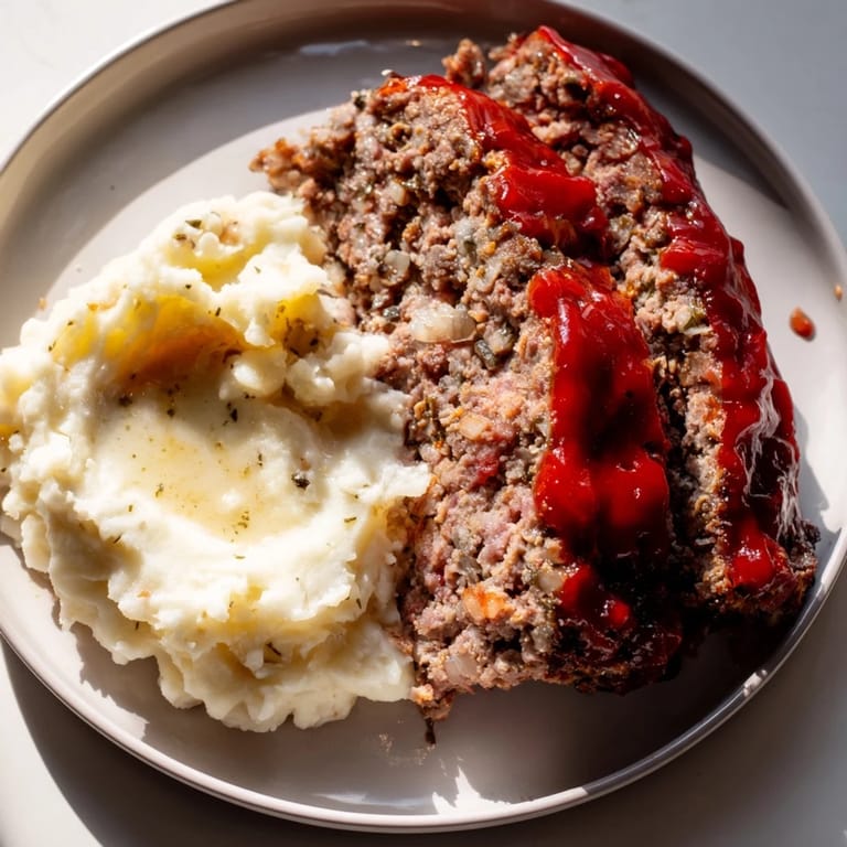A plate of homemade Classic Meatloaf & Mashed Potatoes: a comforting, family-favorite meal.