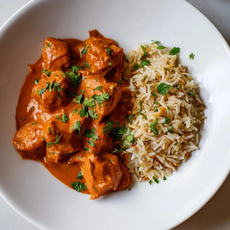 Fragrant Butter Chicken & Rice Pilaf, ready to serve, offers a symphony of warm spices and flavors.