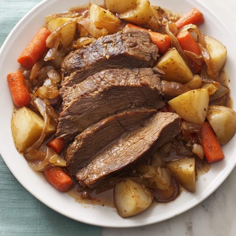 Delicious Sunday Pot Roast, with its savory aroma, served with wine-infused pan juices and vibrant veggies.