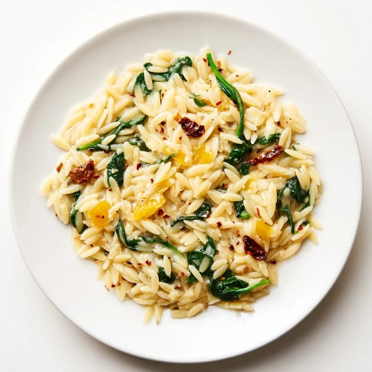 This Creamy Tuscan Orzo Bowl features an inviting swirl of rich Parmesan and wilted spinach.