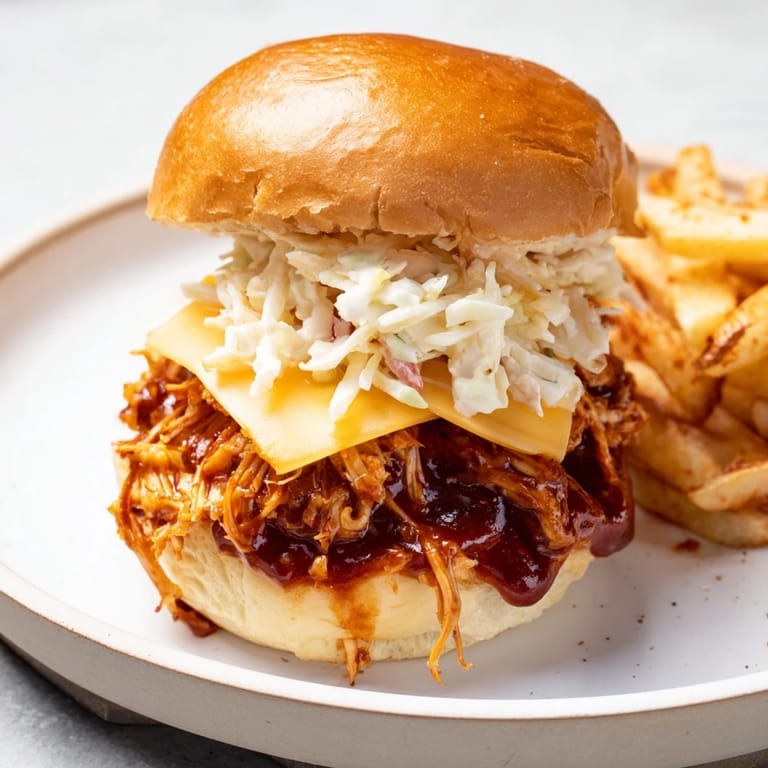 A pile of BBQ chicken sliders, bursting with flavor, displayed with crispy fries on a plate.