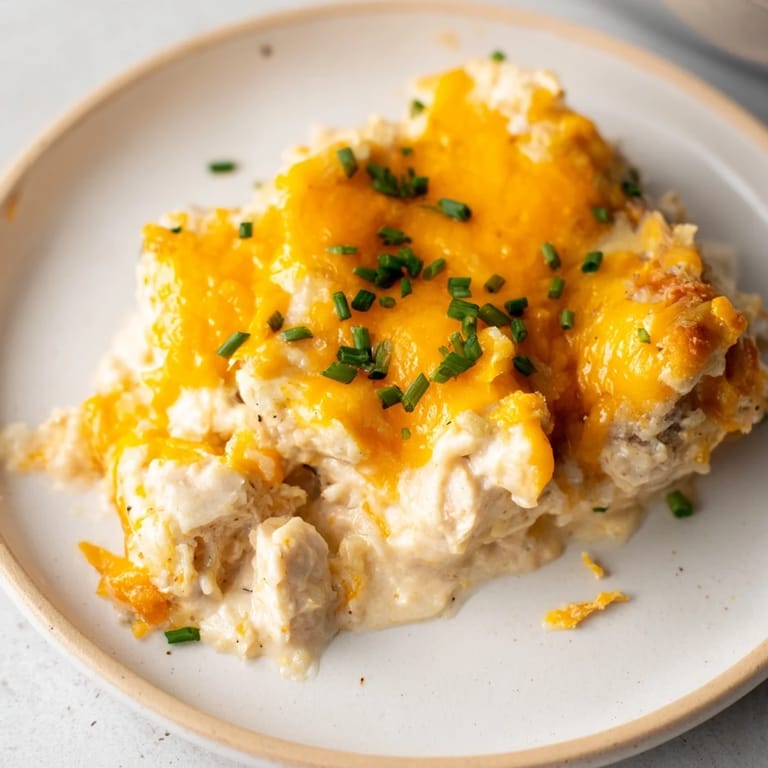 This creamy and cheesy Cheddar Ranch Chicken Bake is shown, with a perfectly browned crust.