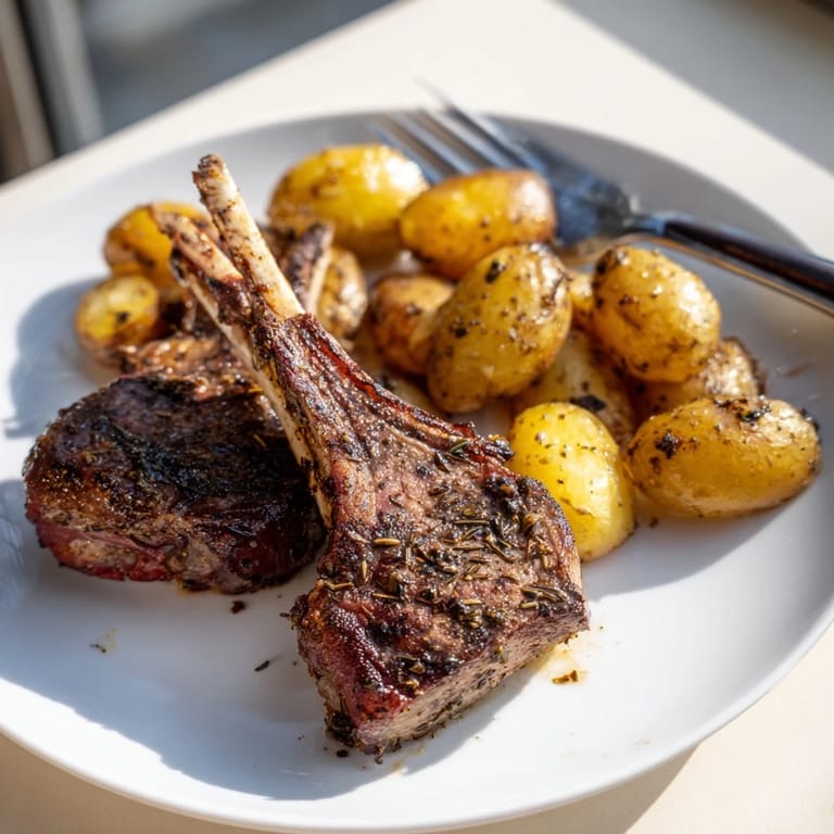 Savory herbed lamb chops and roasted potatoes offering a comforting, flavorful dinner experience.