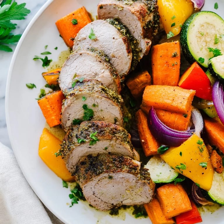 Golden-brown Roasted Garlic Pork Tenderloin with vibrant, caramelized vegetables; a delicious meal.