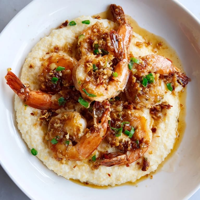 Vibrant Shrimp & Grits: A close-up shows tender shrimp in garlic butter, over cheesy grits.